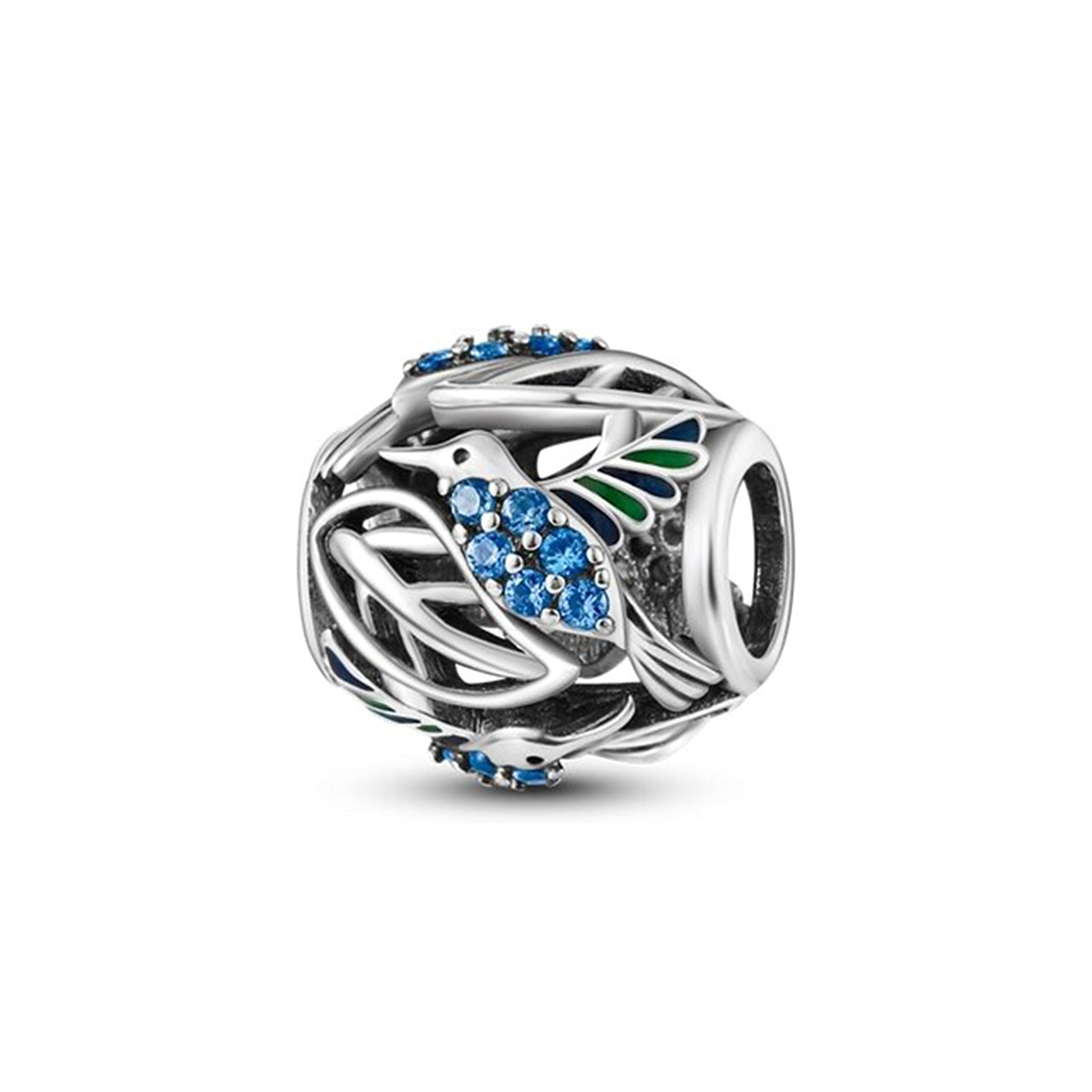 Hummingbird Round Charm For Bracelet, Sterling Silver, Animal Charm, Pet Charm