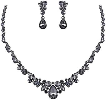 EVER FAITH Bridal Floral Teardrop Necklace with Lobster Clasp & Crystal Earrings Set, Alloy-Rhinestone