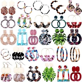 Duufin 28 Pairs Acrylic Earrings Statement Earrings Set Mottled Resin Hoop Earrings Drop Dangle Earring Polygonal Fashion Earrings for Women