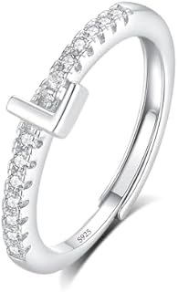 INFUSEU Cubic-Zirconia Adorned Stackable Initial Rings in Sterling Silver, Adjustable Size, Perfect Gift for Women and Teen Girls