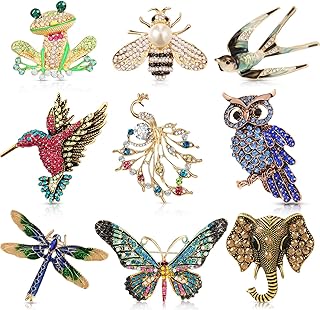 Hicarer 9 Pcs Animal Brooch Pins Brooches for Women Vintage Rhinestone Crystal Pin Hummingbird Butterfly Owl Elephant Dragonfly Peacock Retro Pin Jewelry for Mother's Day Nurse Graduation Gifts