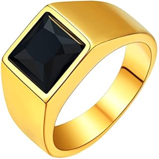 Black-Metal-Plated Stainless Steel Men's Signet Wedding Ring with Onyx Gem - Ideal for Men and Women, Gothic Skull Design