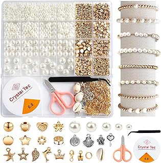 1200 Pcs Pearl Beads and Gold Spacer Beads Set for Jewelry Bracelet Making Kit with String and Charms for Adults DIY Art and Craft for Girls Friendship Bracelet for Necklace and Earring Supplies