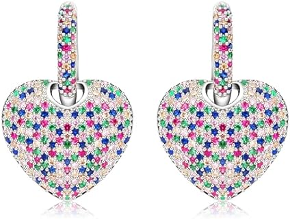 S925 Sterling Silver Heart Dangle Drop Hoop Earrings for Women Girls Multicolored Crystal Cubic Zirconia Purple Amethyst Dangling Earrings Fine Jewelry Gifts for Her