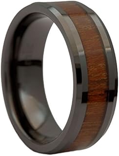 8mm Black Ceramic Wedding Band Natural Acacia Koa Wood Inlay Comfort Fit Ring Size 10