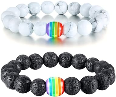 2pcs 10mm Lgbtq Gay Pride Bracelets Bisexual Rainbow Lgbt Lesbian Gay Prode Bracelet Women Men Jewelry Gift (Lave rock & Turquoise)