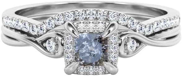 Princess Cut Salt and Pepper Diamond Wedding Ring Set in 925 Sterling Silver or 10K/14K/18K Gold for Women - Elegant Bridal Set with Natural Herkimer Diamond Engagement Ring