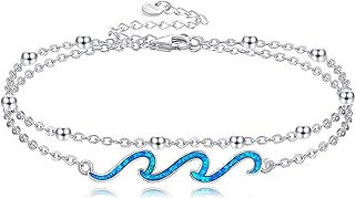 YFN Sterling Silver Ocean Wave & Bead Chain Anklet with Lobster Claw Clasp - Ideal for Women & Girls - Graceful Beach Jewelry Gift