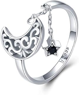 Crescent Moon and Star Statement Band Rings Sterling Silver 925 Black CZ Adjustable Tassel Chain Dangle Charm Wedding Engagement Ring Promise Bands for Women Girls