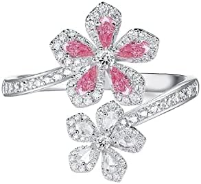 Cherry Blossom Statement Ring for Women Girls Sparkling Crystal CZ Pink Sakura Floral Open Wrap Finger Band Adjustable Engagement Promise Rings Wedding Rings Anniversary Jewelry Gifts