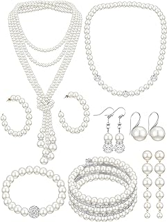 BBTO 8-Piece Elegant Pearl & Rhinestone Jewelry Set with Lobster Clasp for Women and Girls - Including Pearl Bracelet, Necklace & Dangle Earrings