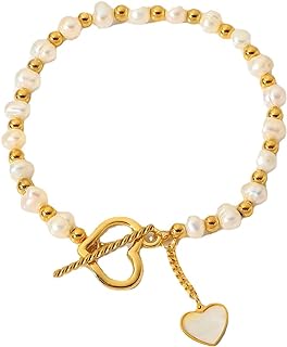 18K Gold Plated Freshwater Pearl Bracelet for Women, Dainty Gold Round Bead Spacer Bracelet, White Shell Love Heart Pendant Bracelet, OT Toggle Clasp Bracelet Jewelry for Women Girls