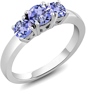 Gem Stone King 925 Sterling Silver Blue Tanzanite Engagement Ring | 1.06 Cttw | Round 5MM and 4MM | Gemstone Birthstone | 3 Stone Wedding Engagement Anniversary Promise Ring For Women