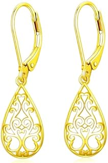 14K Yellow Gold Lever-back Heart Filigree Dangle Earrings for Women - Hypoallergenic, Elegant & Minimalist Design Perfect for Gift