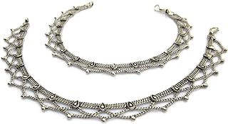 Handmade Womens Boho Anklets Pair | Silver Plated Brass Copper Metal Chain Vintage Antique Oxidized Finish | Inidan Payal Feet Ankle Bracelet Fashion Jewelry | Traditional Bollywood Festival Gypsy