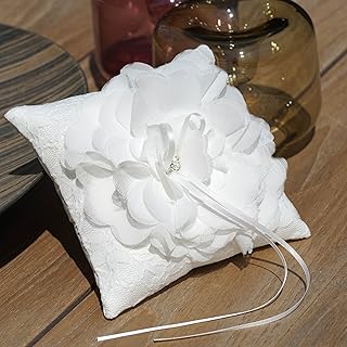 Almohada de Anillos de Boda Original con Flor de Satén y Brotes de Strass, Tamaño 15x15 cm, Lavable, Ideal para Adultos en Ceremonias y Decoración de Bodas