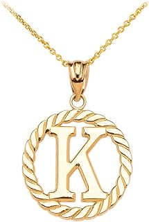 Polished 14k Yellow Gold Personalized Initial "A-Z" Roped Circle Pendant Necklace