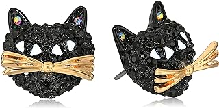 Push-Back Betsey Johnson Black Cat Stud Earrings with Gold-Tone Accents for Whimsical Style Enthusiasts, Base Metal