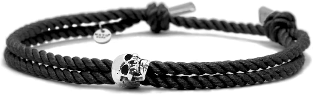 Bracelet Nato Cuff Skull Tête de Mort en Argent 925 avec Cordon en Soie de Milan Tressé, Ajustable Pour Homme ou Femme, Fait Main en France