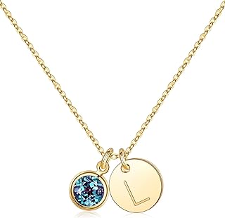Graduation Gifts - Initial Birthstone Necklace, 14K Gold Plated Disc Initial Necklace Birthstone Necklace Personalized Initial Birthstone Pendant Necklace Birthday Gifts for Women Girls Jewelry