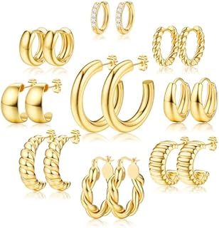 KRFY Gold Hoop Earrings Set - 14K Gold Hoop Earrings for Women Hypoallergenic, Thick Hoops Earring set, Twist Huggie Hoop Earring