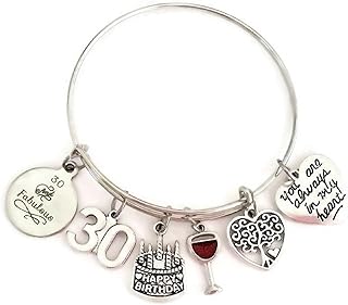 30th Birthday Charm Bracelet with Buckle Clasp and Box Chain for Women, Silver Plated Zinc Birthday Bangle Design