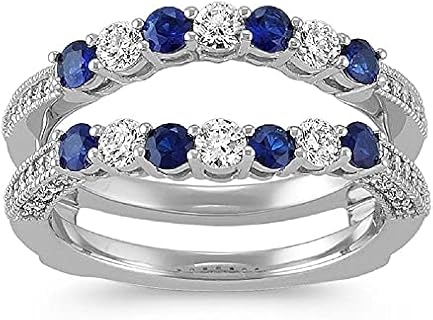 Round Cut Created Blue Sapphire & Diamond Vintage Enhancer Wrap Engagement Wedding Ring For Womens 925 Sterling Silver