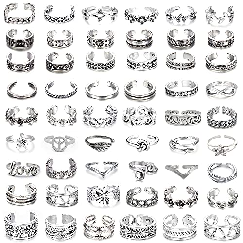 MJust 54Pcs Open Toe Rings Set for Women Men Adjustable Vintage Retro Knuckle Ring Toe Finger Tail Ring Beach Foot Jewelry