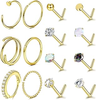 LOLIAS Hypoallergenic 14K Gold Filled Nose Rings Studs 20G 316L Surgical Steel Nose Ring Gold L Shaped Nose Studs Hoop Nose Rings Set for Women Men Simulated Diamond Nose Piercing Jewelry(14Pcs)