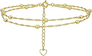 Fish Hook Clasp 14K Gold Heart Anklet with Box Chain, Handmade and Adjustable - Elegant Brass Summer Beach Jewelry for Women by BRAYEG