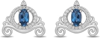Push-Back Sterling Silver Stud Earrings with Diamond Gems, Cinderella Carriage Design for Women, Oval cut London Blue Topaz - Enchanted Disney Fine Jewelry