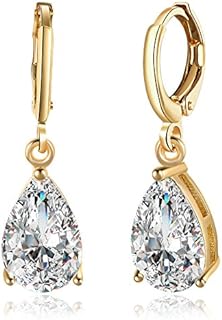 14K Gold Plated Teardrop Cubic Zirconia Dangle Drop Small Hoop Earrings For Womens Girls Oval Dangling Wedding Hypoallergenic Fashion Elegant Diamond Jewelry Gifts Bridesmaid
