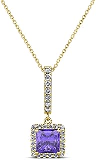 Princess Cut Iolite and Diamond Halo Pendant Necklace in 14K Yellow Gold with 18" Chain - Unique USA-Made Jewelry for Women with Elegant Design