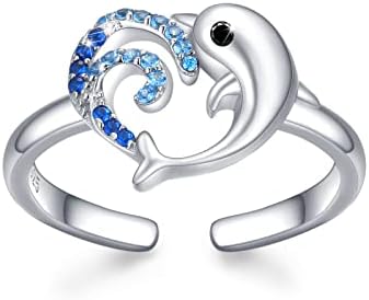 S925 Sterling Silver Adjustable Dolphin Engagement Ring for Women and Teen Girls with No Gemstone, Dolphin-Themed Design