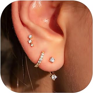 Hypoallergenic 14K Gold Finish Stud Earrings, Cubic Zirconia Gem, Brass Clasp, Women's Elegant Jewelry Set, Huggie Hoop, Ear Jacket, Ear Climber Designs