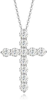 FANCIME 0.5CT/ 1CT/ 2CT Carat White Moissanite Gemstone with 14K Solid White Gold 3 Prong Setting Cross Pendant Necklace Fine Delicate Jewelry Anniversary Christmas Gifts for Women Girls