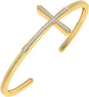FINEROCK 1/3 Carat Diamond Cross Sign Bangle Bracelet in 925 Sterling Silver or in 18K Yellow Gold over Sterling Silver