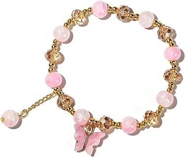 Pingyongchang Crystal Butterfly Bracelet for Girls Cute Daisy Butterfly Crystal Beads Stretch Bracelet Handmade Colorful Beaded Friendship Flower Charm Bracelet for Women Girls Holiday Jewelry