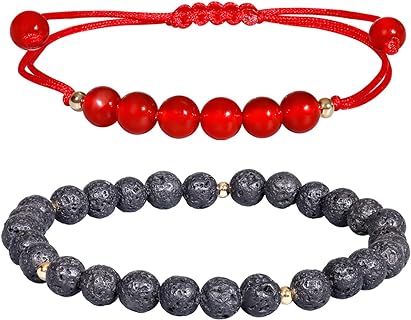 2-Piece Red Agate & Lava Rock Beaded Friendship Bracelets for Women - Aesthetic Healing Crystal and Essential Oil Diffuser Accessories