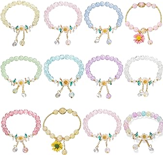 Handcrafted 12-Piece Beaded Daisy Charm Bracelet Set with Stretch Design, Crafted from Zinc and Glass