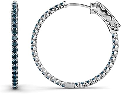 Hidden Snap-Post Blue Diamond Hoop Earrings - Elegant 14K White Gold Design For Sophisticated Women with Inside-Out Setting