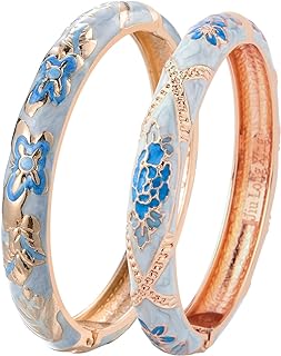 Rose Gold Plated Enamel Bangle Bracelet with Spring-Hinge-Opening Clasp, Adorned with Butterfly and Flower Design for Women