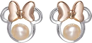 Disney Minnie Mouse Pearl Stud Earrings, Two Tone, Sterling Silver