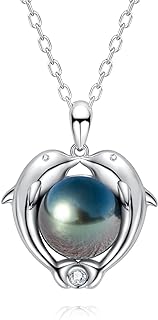 AAAA Tahitian Black Pearl & Moissanite Dolphin Heart Pendant, 10-11MM, 18K White Gold Plated Sterling Silver with Lobster Clasp, Adjustable Cable Chain Necklace