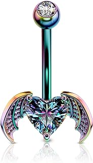 CM Crareesi Mania Halloween Navel Piercing Jewelry 14G Bat Belly Button Ring 316L Stainless Steel Belly Ring Rainbow Belly Button Piercing Jewelry for Halloween