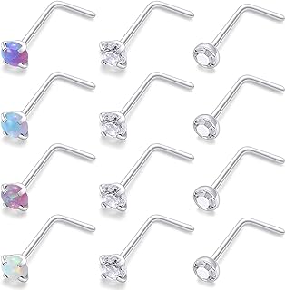 Surgical Stainless Steel Nose Ring Stud Set with Created Opal and Cubic Zirconia in Screw, L-shaped, and Straight Designs for Men and Women
