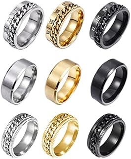 9Pcs Stainless Steel Chain Spinner Rings for Men Women Cool Fidget Band Rings Wedding Pormise Ring Set 8MM Size 7-13