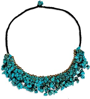 NOVICA Artisan Handmade Turquoise-Colored Calcite Beaded Necklace with Brass Toggle-Clasp, Blue Cord Statement Piece from Thailand with Limpet Shell Design