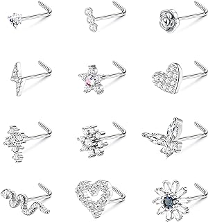YADOCA 12 Pcs 20G Nose Studs Surgical Steel L Shaped Nose Rings Studs for Women Men CZ Heart Butterfly Flower Snake Nose Piercing Jewelry
