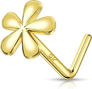 MeIighting Solid Gold Flower Nose Stud 20G Gold Nose Ring L Shaped 14K Solid Gold Nose Piercing Jewelry for Women Real Gold Nose Screw for Women